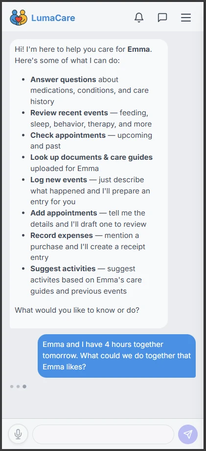 Typing a question to the LumaCare AI assistant