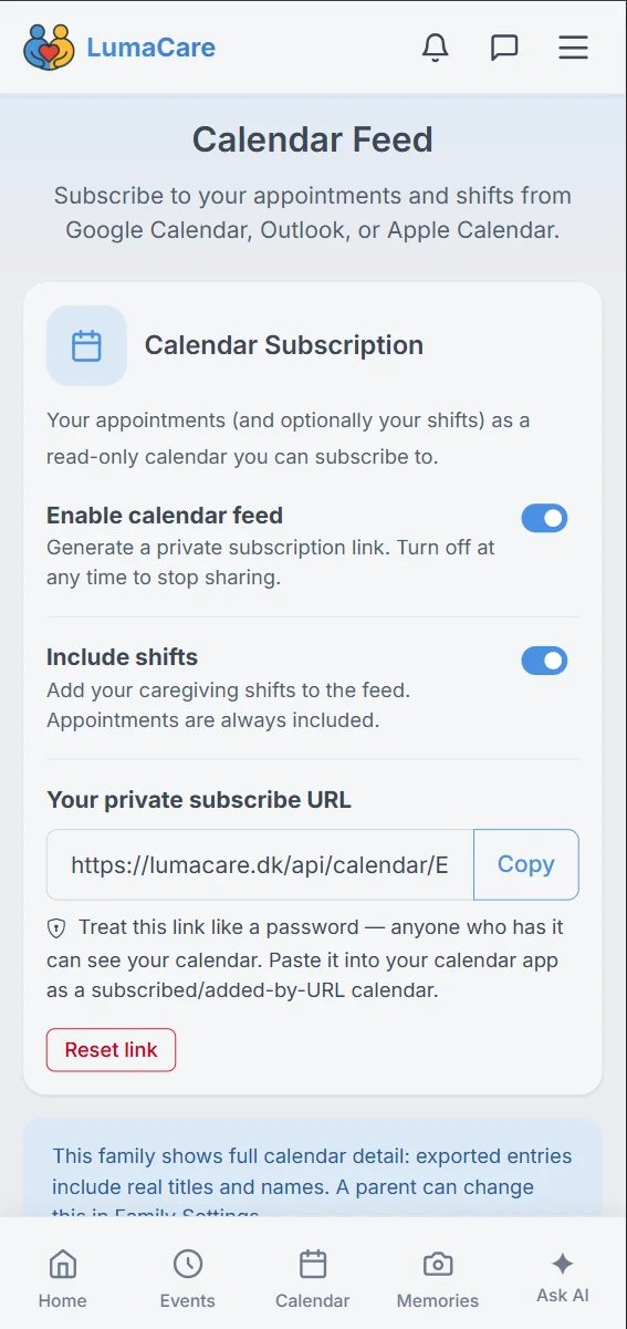 Syncing the LumaCare family calendar to an external calendar app
