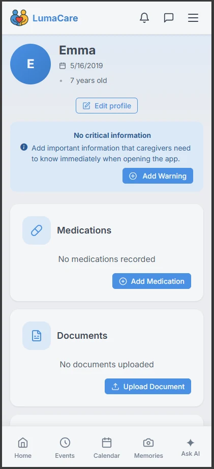 Creating a care recipient profile in LumaCare
