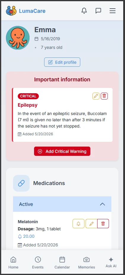 Recording allergies, conditions, and medications with critical flags