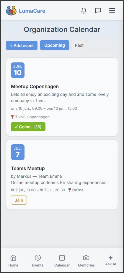 Shared documents and an organisation community calendar