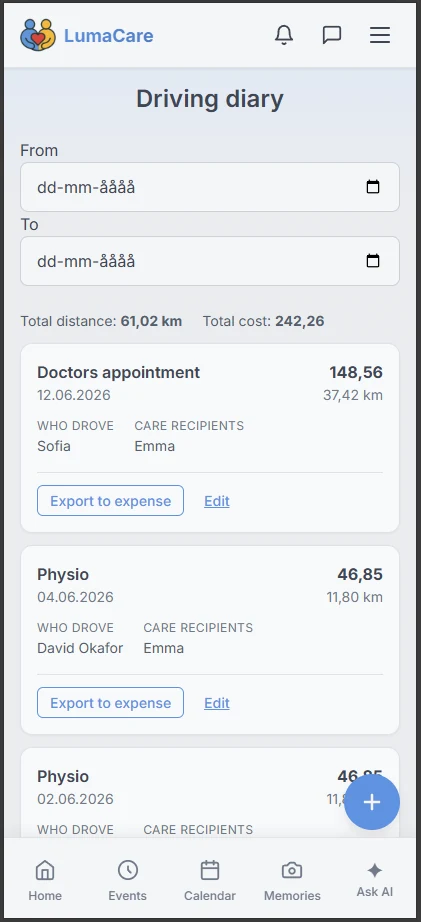 A list of logged drives with distance and cost totals