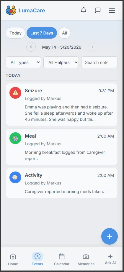 Shared timeline of logged care events