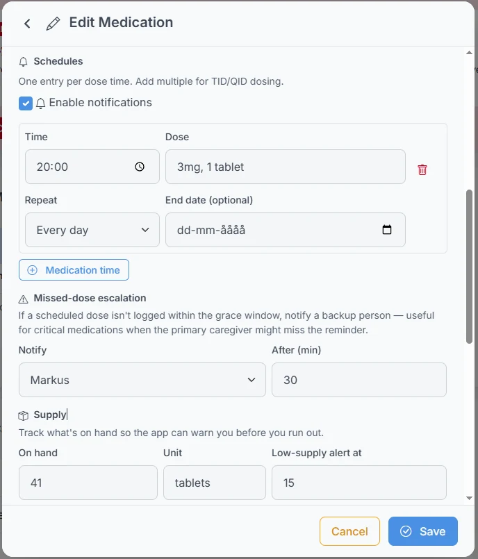 Setting up a medication with scheduled and as-needed dosing