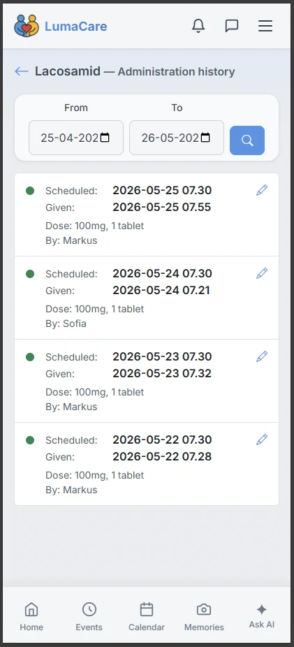 Missed-dose alert and append-only administration history