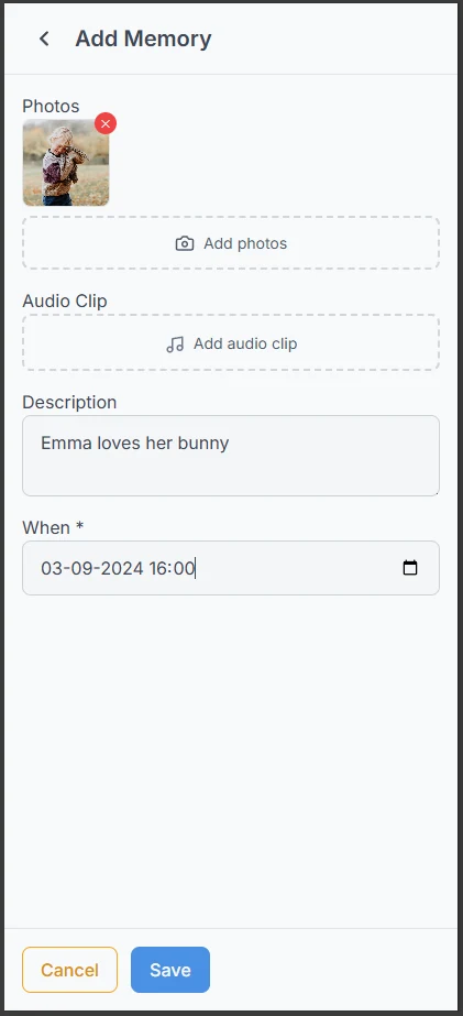 Adding a photo, audio clip, and note as a memory