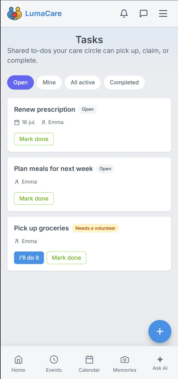 Claiming an open volunteer task in LumaCare
