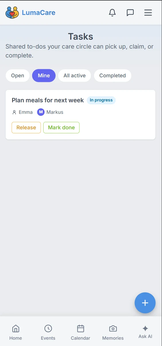 Tracking care tasks from open to completed in LumaCare