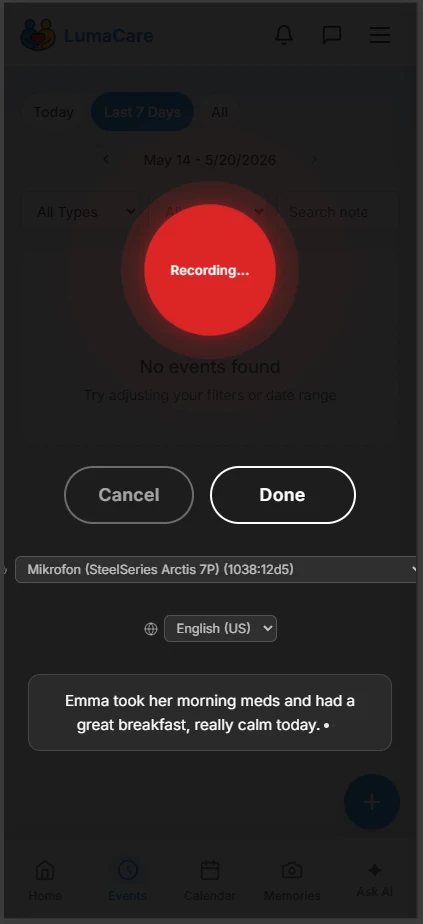 Recording a voice note to log a care event