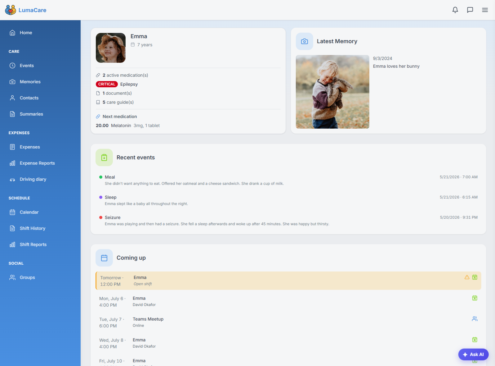 The LumaCare care dashboard
