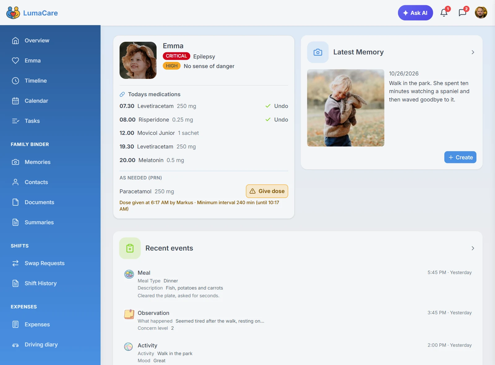 The LumaCare care dashboard