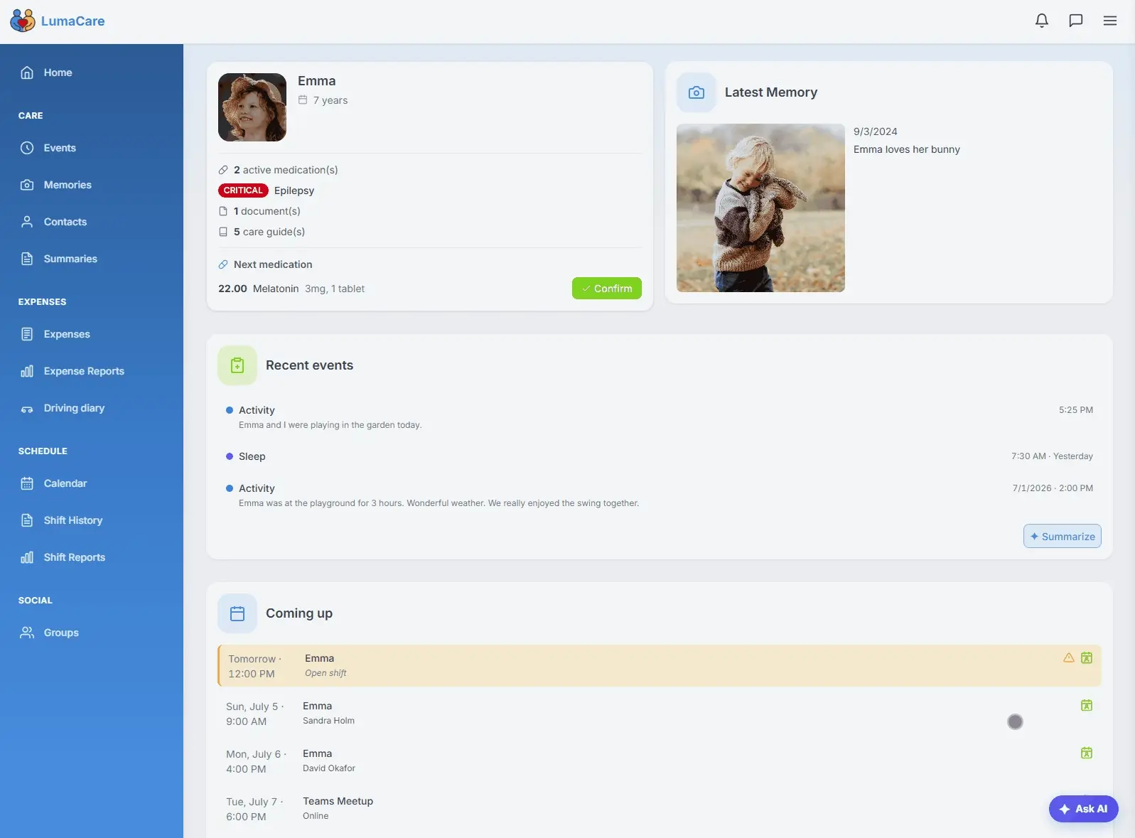 Watch the LumaCare AI assistant answer questions about a loved one's care