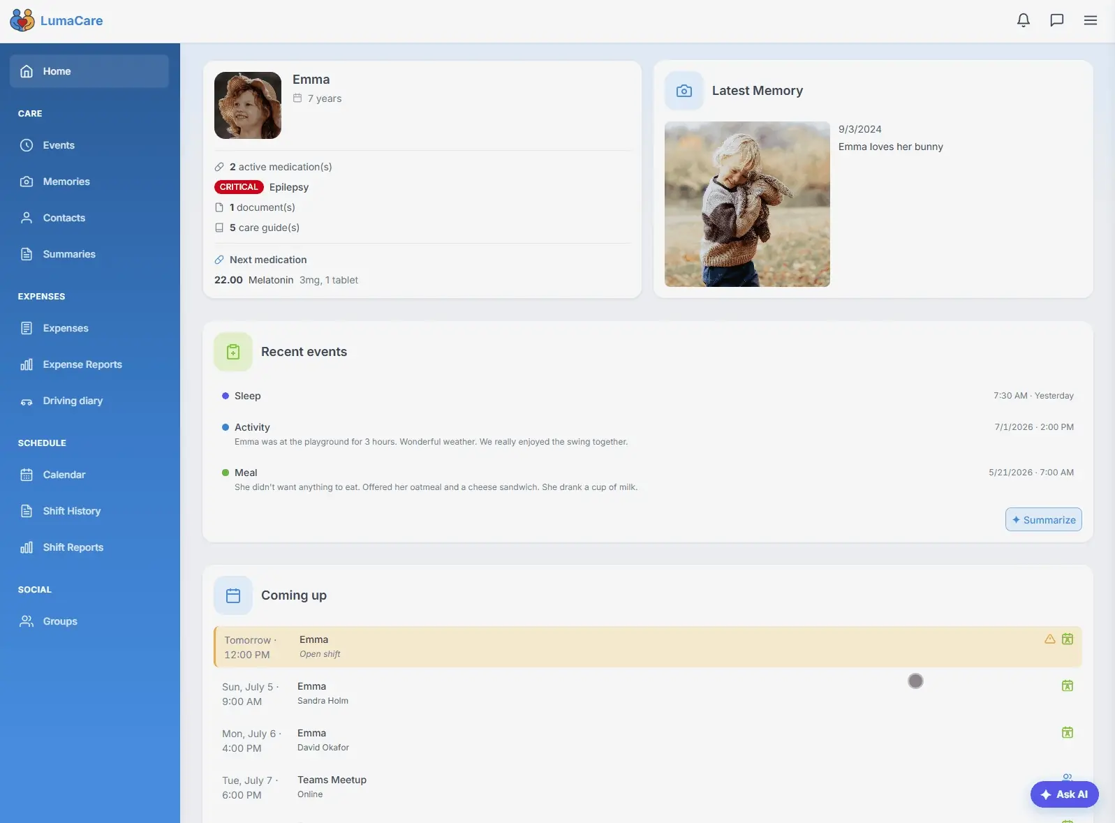 Watch the LumaCare AI assistant create a care log entry from a request