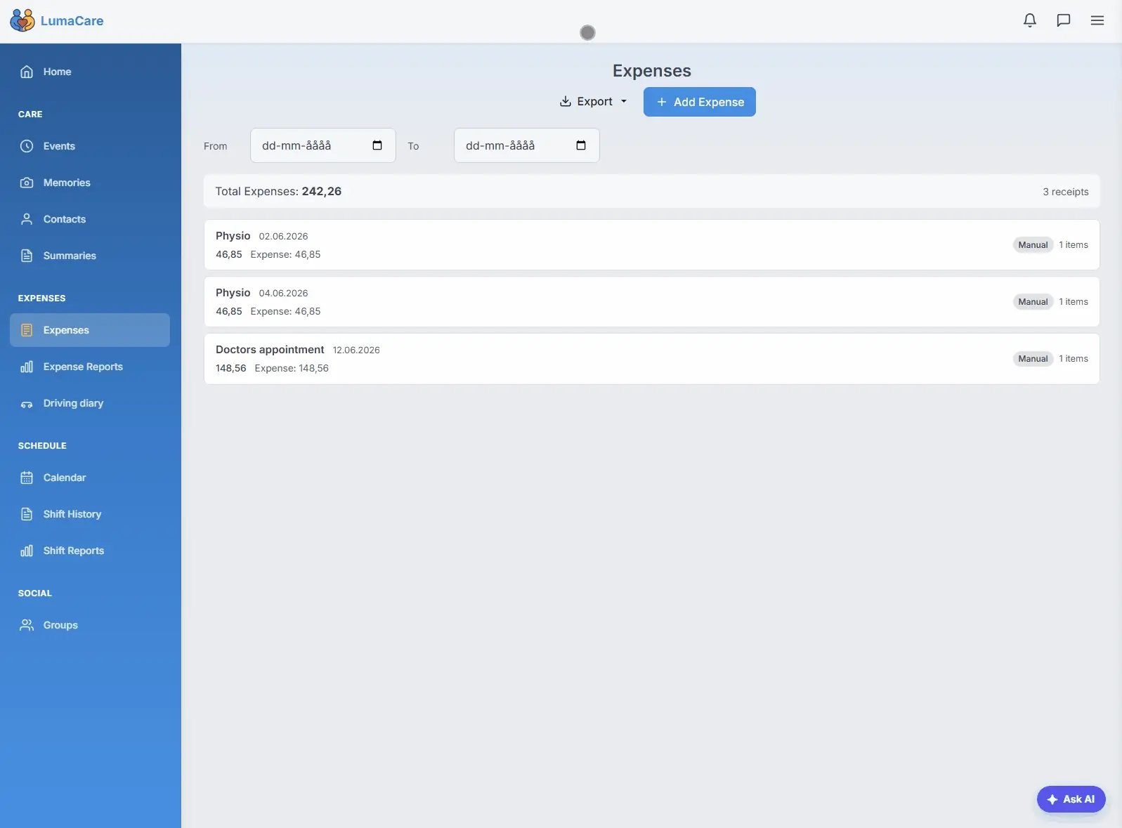 Watch LumaCare parse a receipt photo into a categorised expense