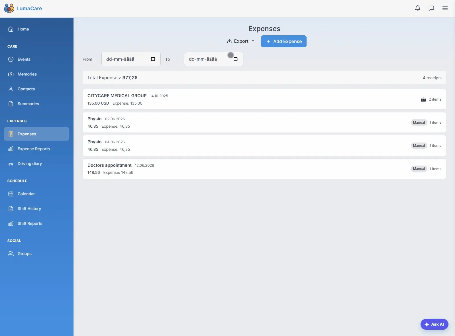 Expense report with charts, totals, and PDF export