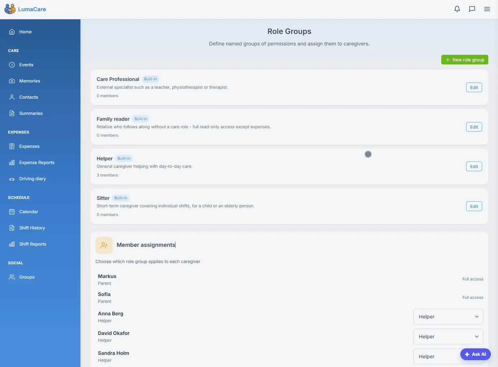 Setting roles and permissions for care team members