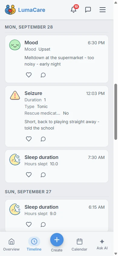 Imported seizures, sleep and mood on the LumaCare timeline