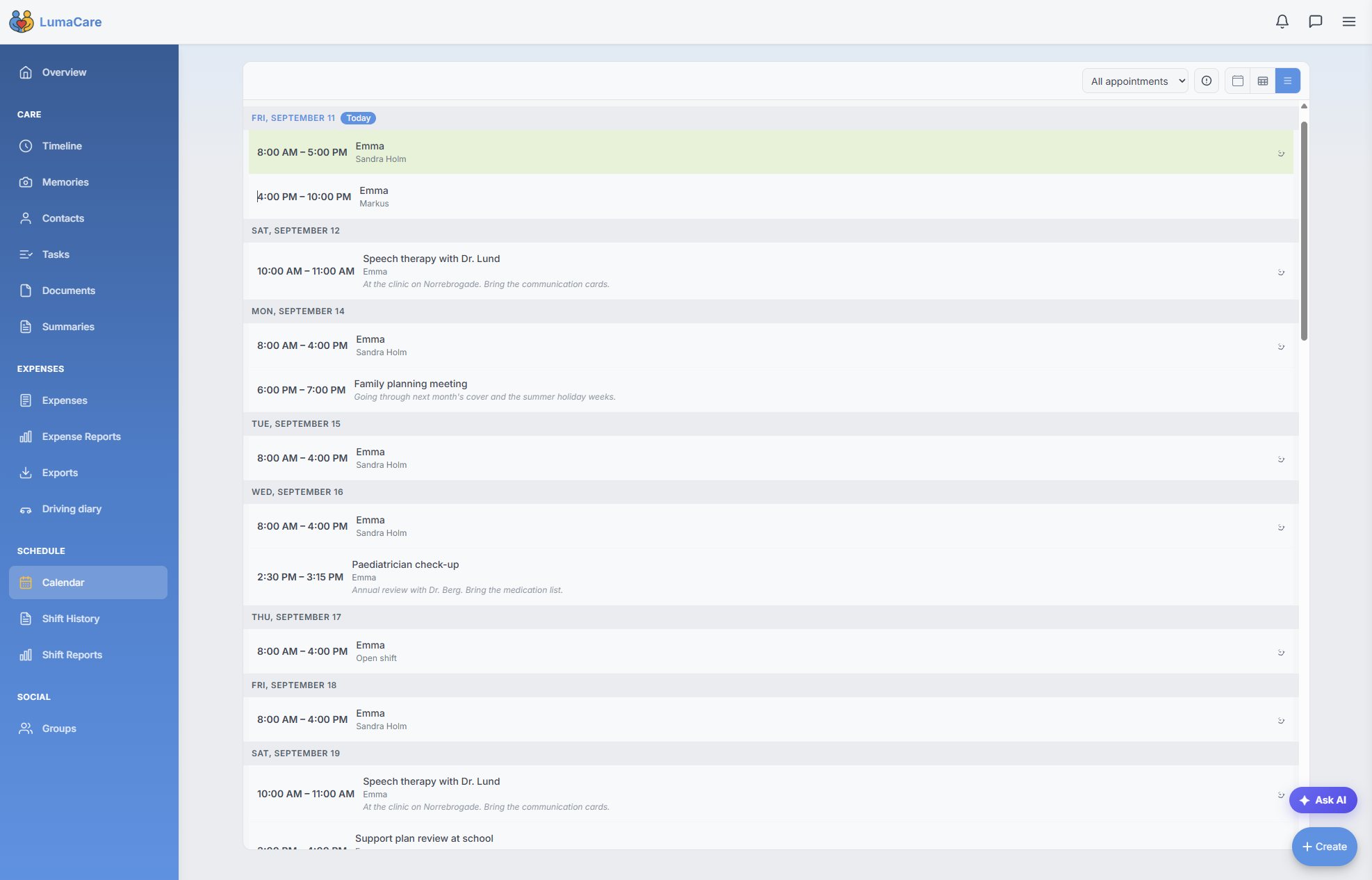 Upcoming shifts and appointments in the agenda view