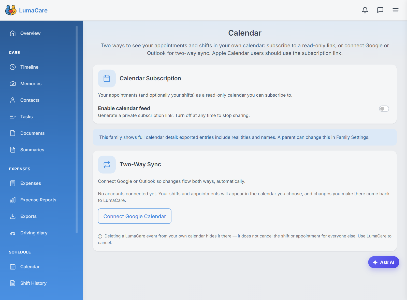 Calendar subscription and two-way sync settings