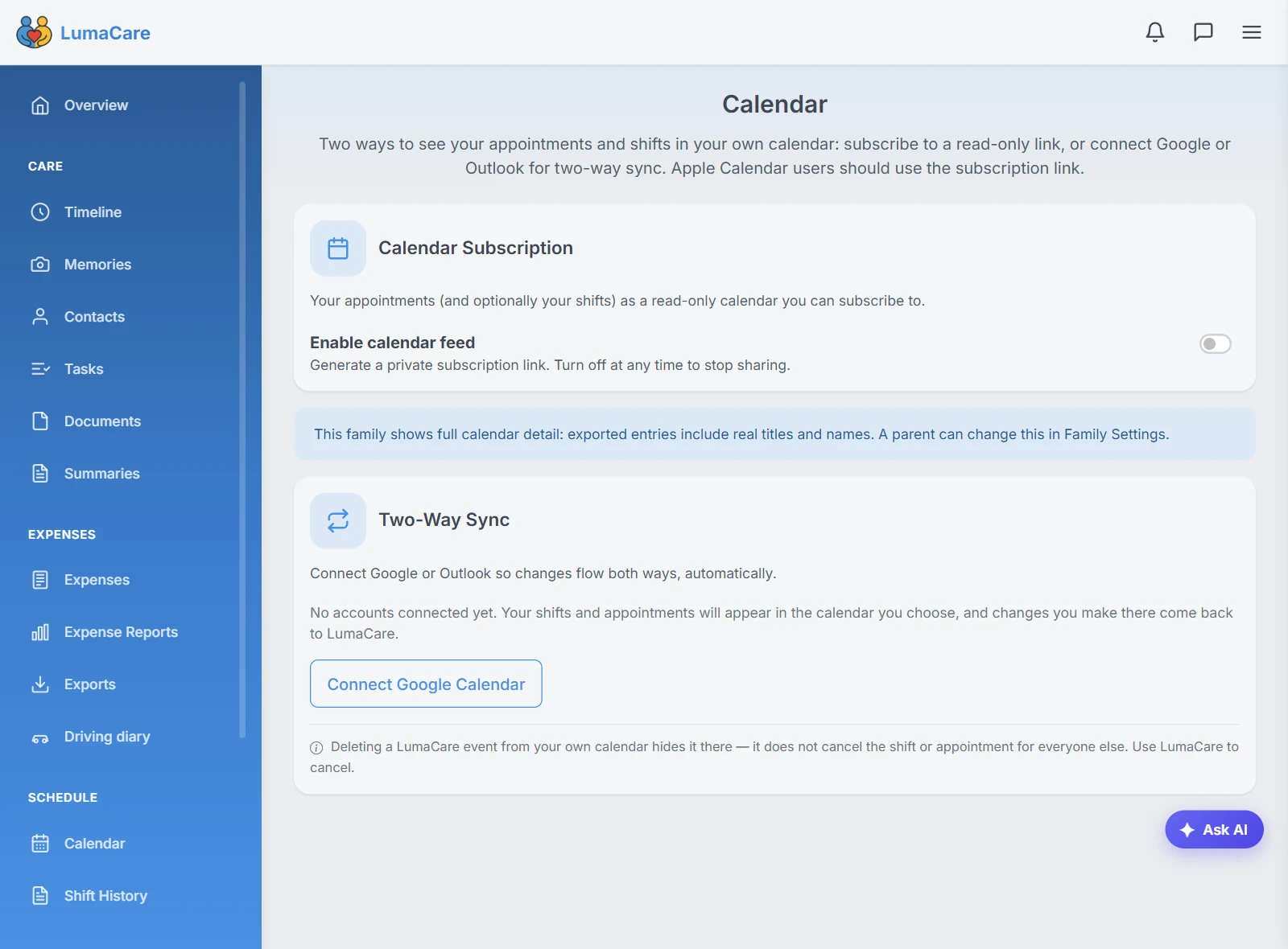 Calendar subscription and two-way sync settings