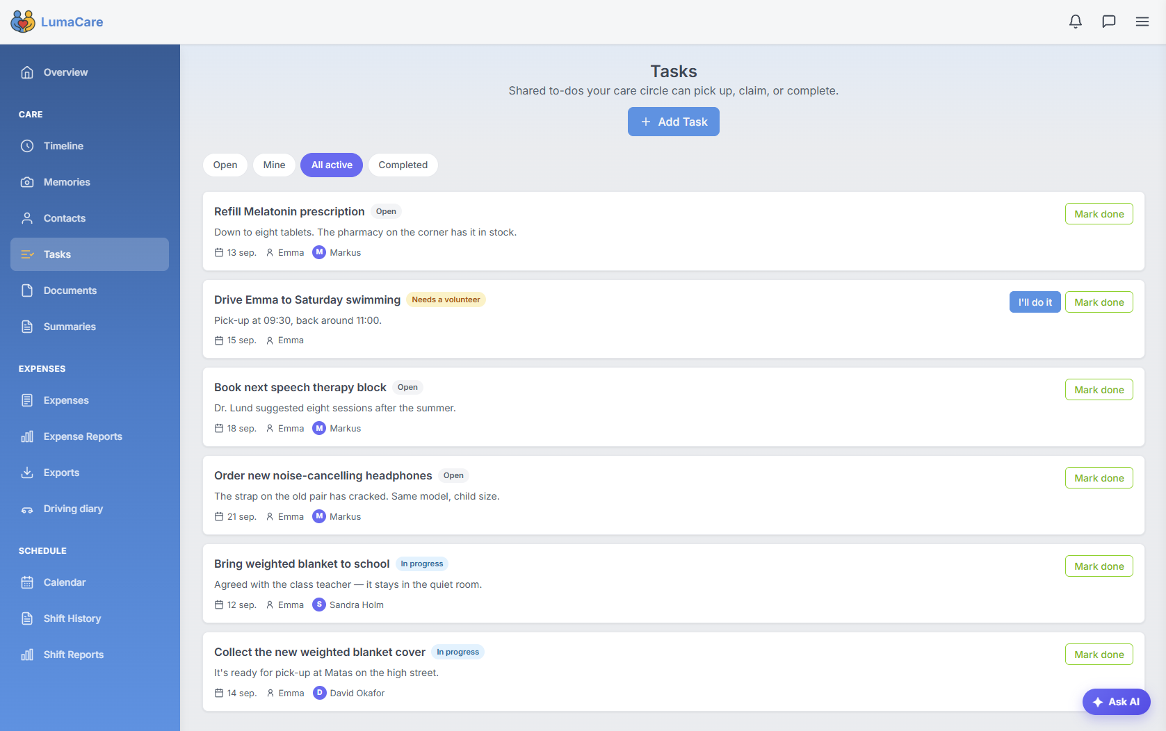 The shared task list with a task open to volunteers