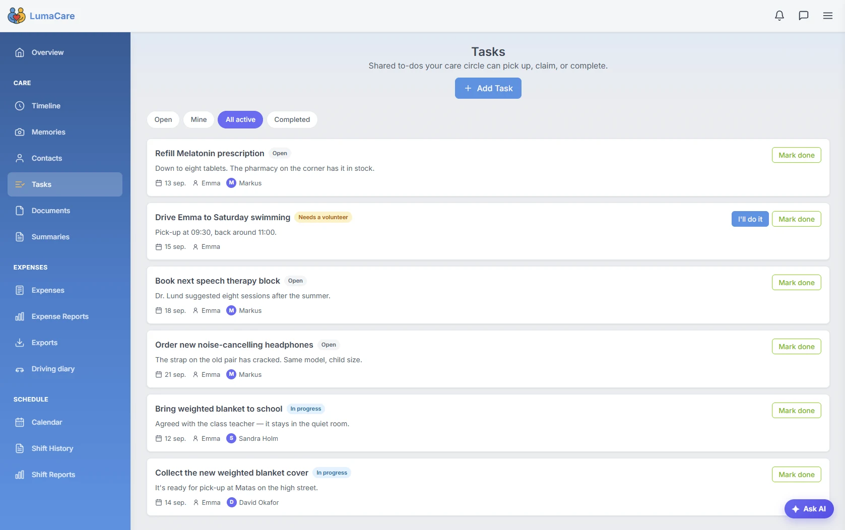The shared task list with a task open to volunteers