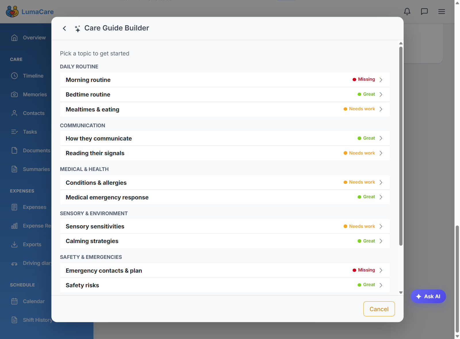 Care guide topics marked as great, needing work or missing