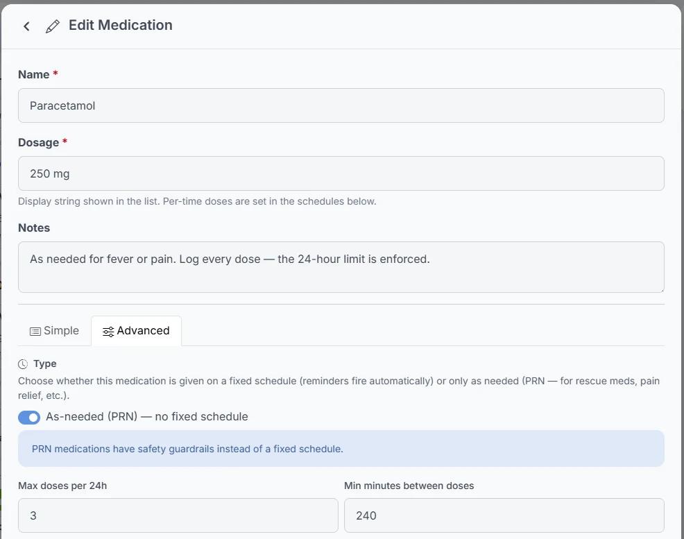 Dose limits for an as-needed medicine