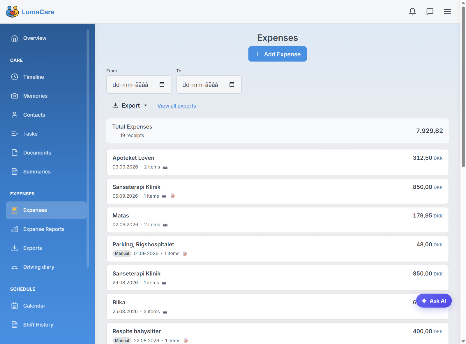 Expenses and receipts in LumaCare