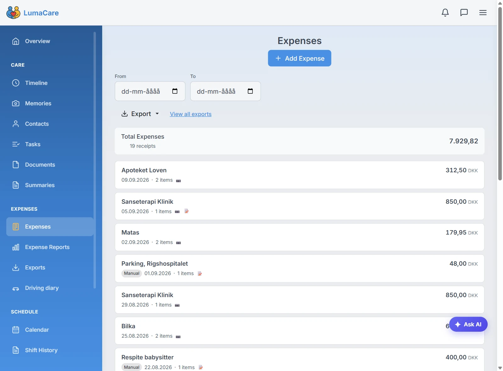 Expenses and receipts in LumaCare