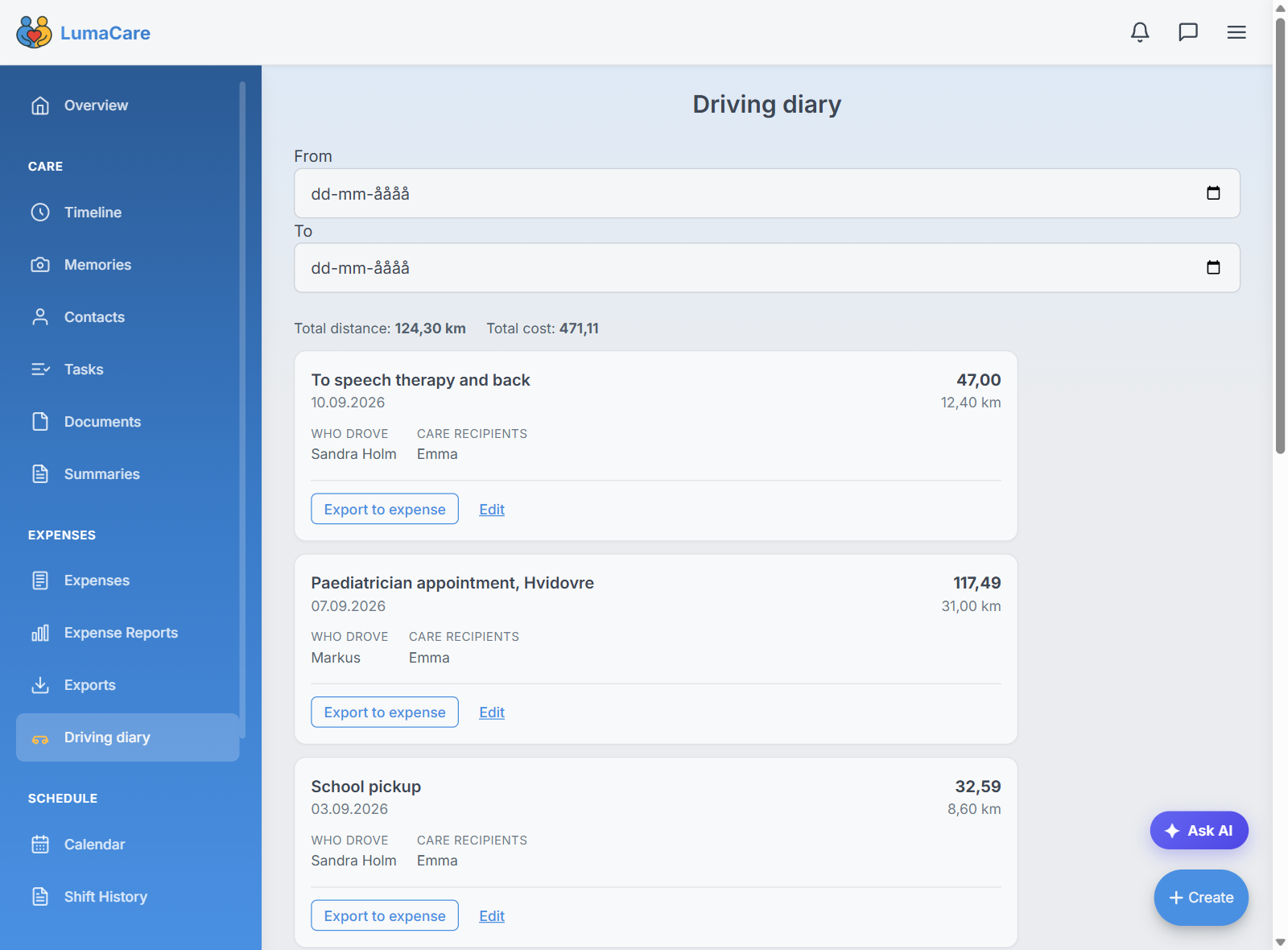 The driving diary with the mileage cost of each trip