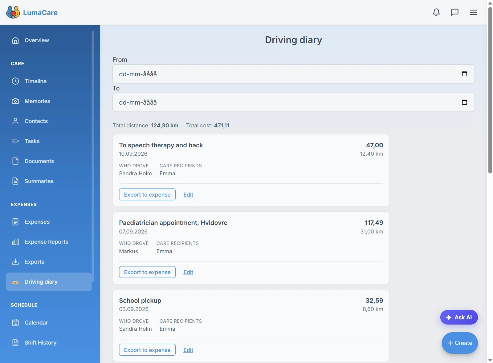 The driving diary with the mileage cost of each trip