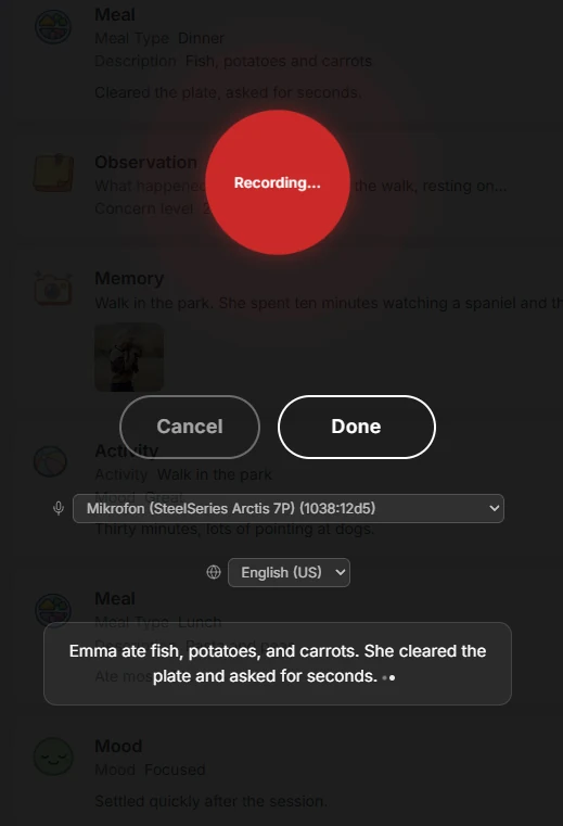 Logging care events by voice