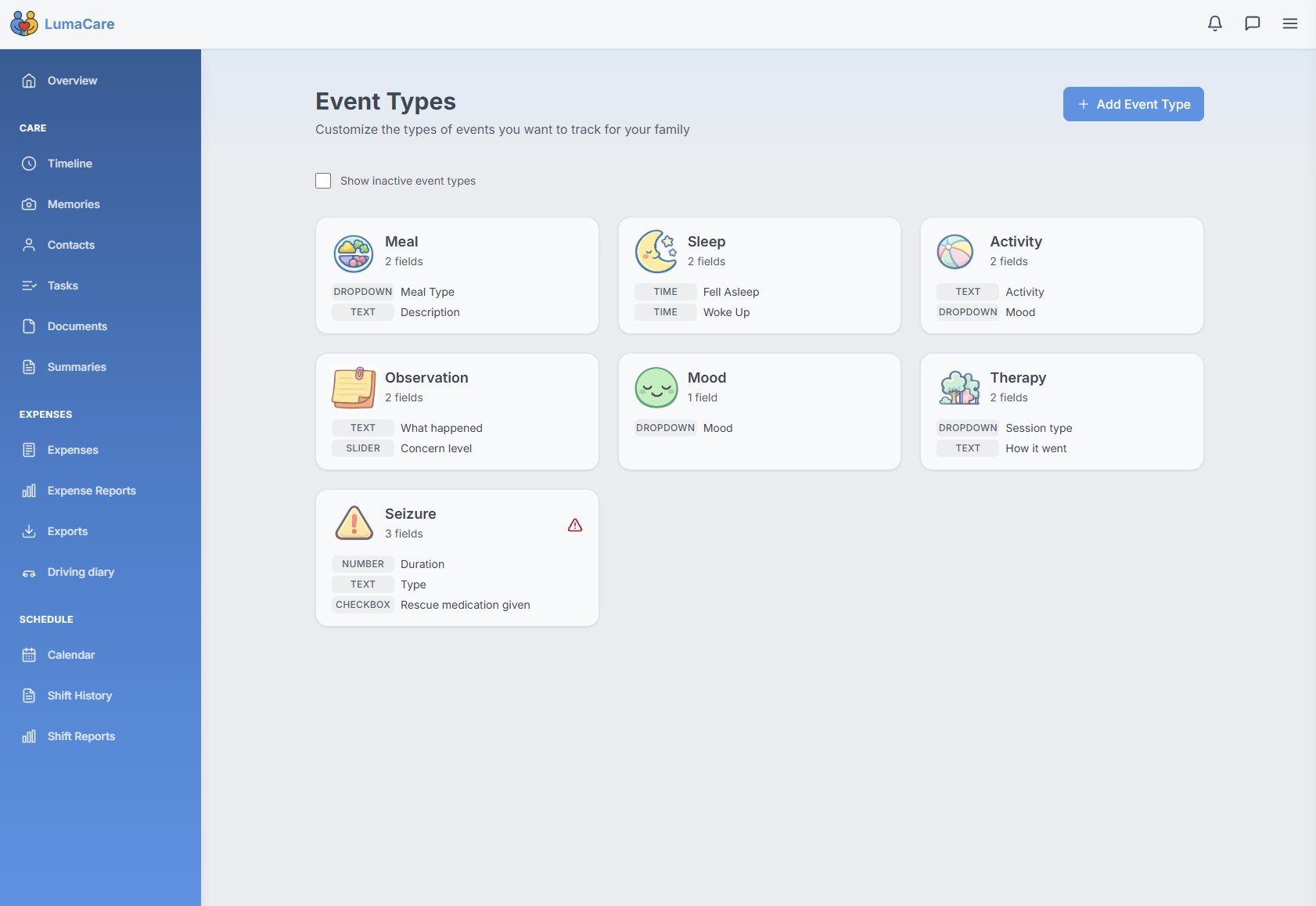 Custom event types, including a critical Seizure type