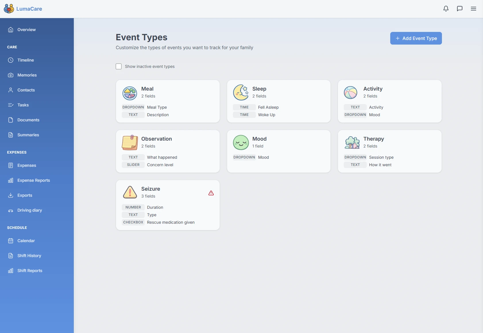 Custom event types, including a critical Seizure type