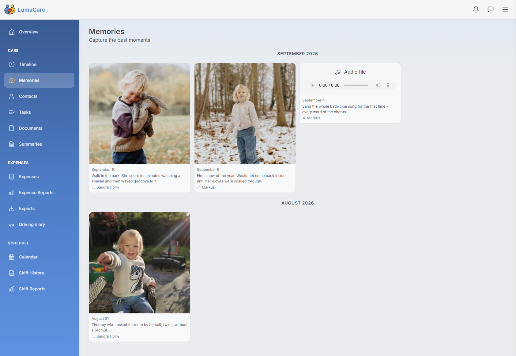 Photo and audio memories in LumaCare