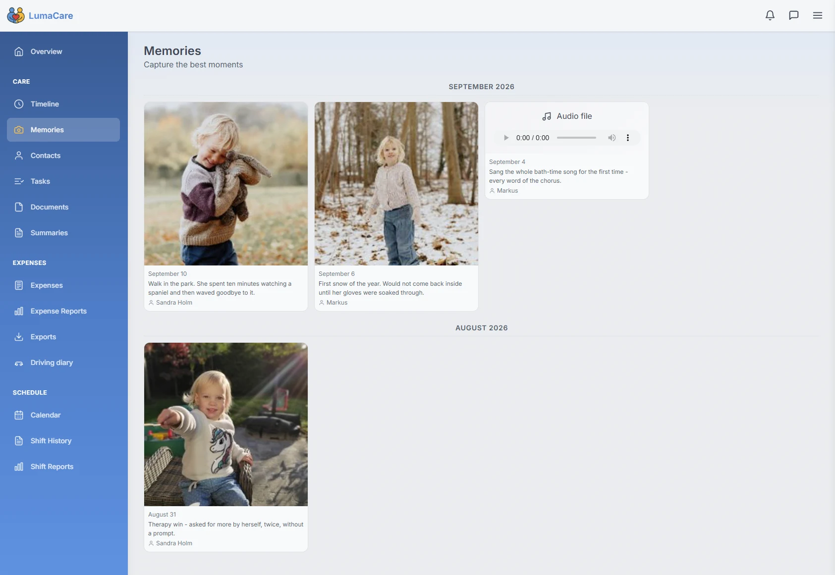 Photo and audio memories in LumaCare