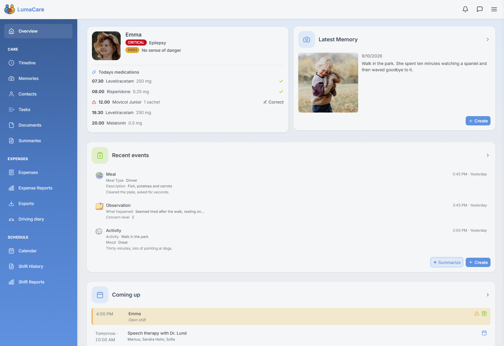 The LumaCare care dashboard