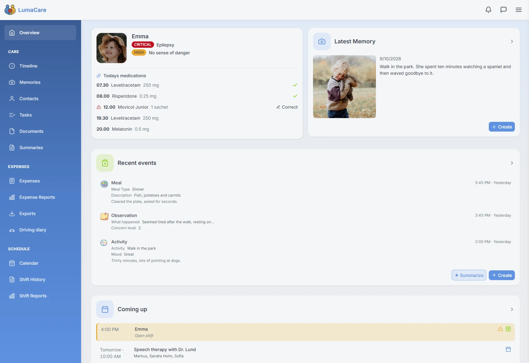 The LumaCare care dashboard
