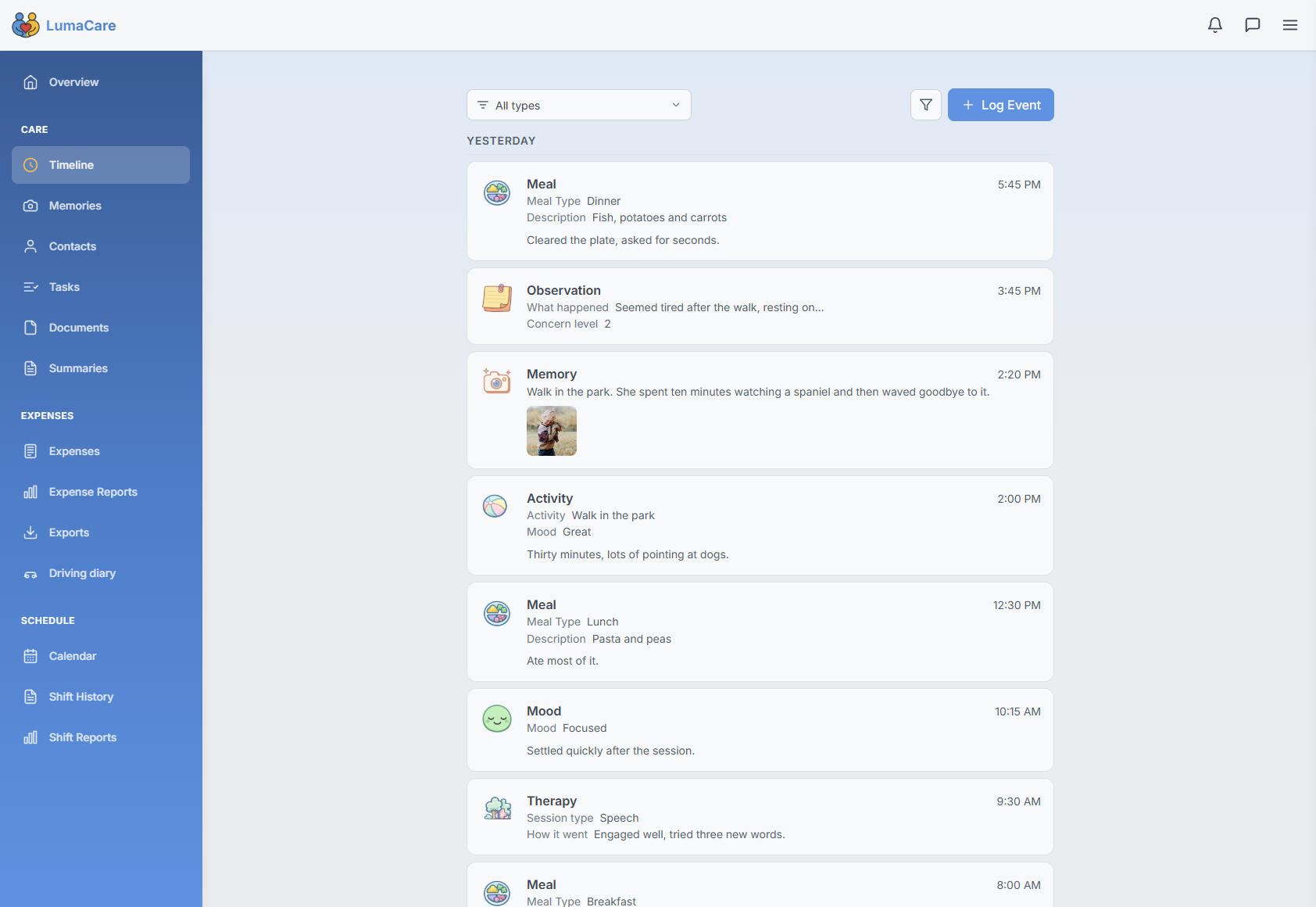The LumaCare care timeline